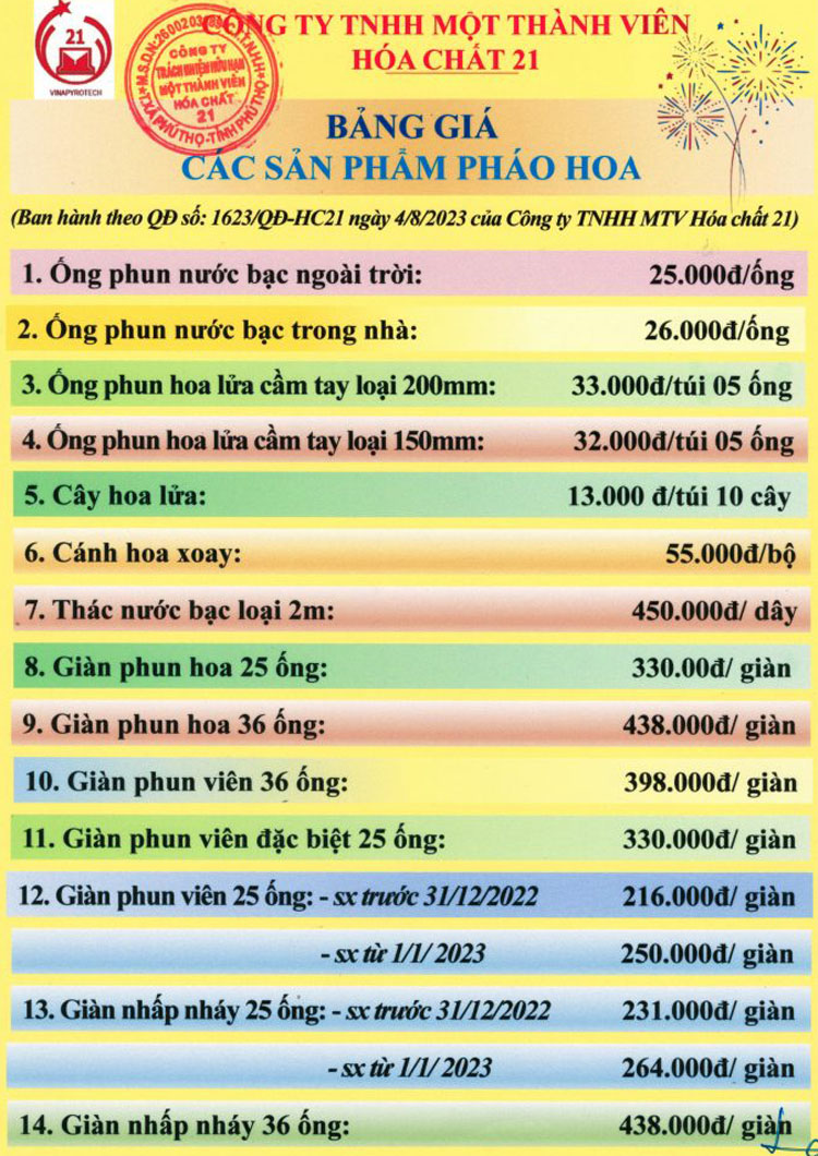 Giá Pháo Hoa Z121 Bộ Quốc Phòng năm 2025